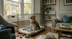A Golden Retriever relaxing inside a large metal dog crate with the side door open, positioned neatly into the corner of a modern British living room.