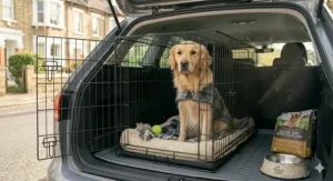 A large wire dog crate with twin doors securely fitted into the boot of an estate car, illustrating safe transport for large pets.