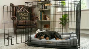 Digital illustration outlining positive reinforcement techniques to calm a whining Rottweiler puppy during its initial crate training sessions.