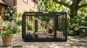 A portable, secure dog crate placed on a patio in a British garden, allowing a beagle to enjoy the fresh air safely.