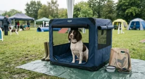 A photorealistic outdoor scene at a UK agility trial, featuring a portable navy blue fabric soft dog crate from Amazon.