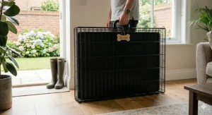 A collapsed 36-inch metal dog crate folded flat with a carrying handle for easy transport and storage.