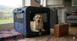 Lightweight, foldable fabric dog crate used for Labrador travel and weekend stays in the UK countryside.