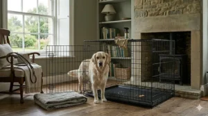 A Golden Retriever standing outside an empty 42-inch wire dog crate, highlighting the removable plastic base tray and folded bedding on the wooden floor.