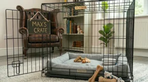 A peaceful Rottweiler puppy sleeping soundly in its crate overnight, showing successful completion of the crate training process.