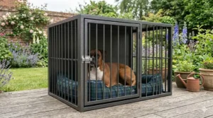 A rust-resistant heavy duty crate placed on a timber decking area in a traditional British garden, showcasing its durable weather-proof coating with a boxer dog resting inside.