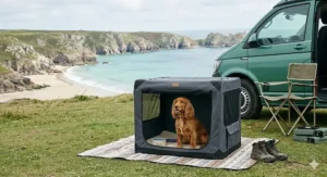 Alt text for image 7: A sturdy, secure wire dog crate providing a safe den environment for a Cocker Spaniel during fireworks.