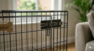 Close-up of secure heavy-duty slide-bolt latches on a 36-inch dog crate to keep pets safe.