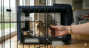 Close-up illustration of a secure double-latched locking system on a metal crate for a large dog.