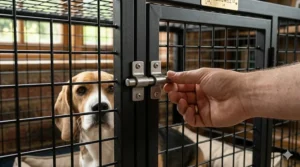 Close-up of reinforced, escape-proof sliding bolts on a metal dog crate to prevent clever beagles from unlatching them.