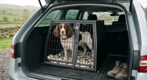 A 4K photorealistic image inside a modern British estate car's boot, featuring a specialised black steel car-specific dog crate from Amazon.