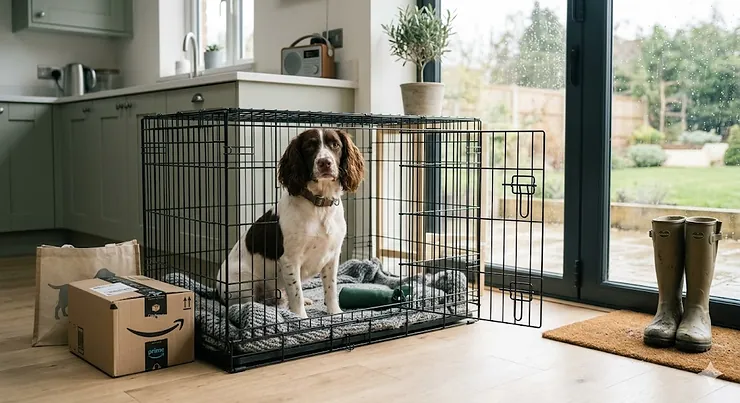 An adult English Springer Spaniel resting comfortably inside a heavy-duty metal dog crate purchased from Amazon, situated in a sunlit UK living room. springer spaniel crate amazon