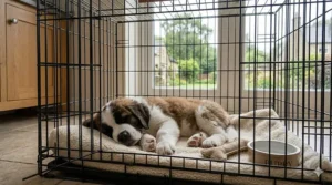 An extra-large metal wire crate with double-door entry points showing front and side access for a large St Bernard.