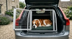 Interior view of a giant dog crate featuring a thick memory foam orthopaedic mattress pad for a heavy St Bernard.