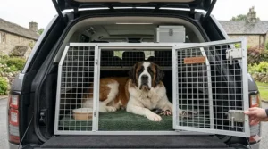 A size guide diagram from St Bernard dog crate suppliers showing recommended cage dimensions and height clearance for giant dog breeds.