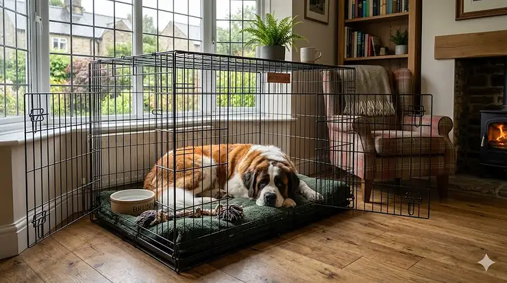 Adult St Bernard sitting comfortably inside an extra large metal wire dog crate supplied by a UK specialist. st bernard dog crate suppliers