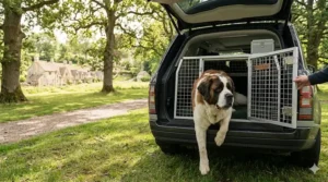 A young St Bernard puppy sleeping soundly inside a smaller starter crate with a divider panel for house training.