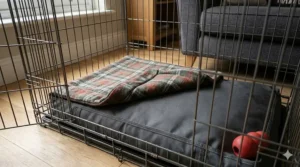 A crash-tested dog crate secured in the boot of a British hatchback car for safe Staffy transport.