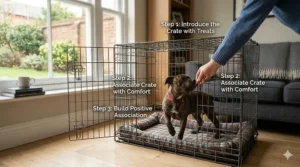 A Staffy puppy being encouraged into a crate with a chew toy, demonstrating positive reinforcement training.