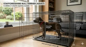 Illustration showing the correct crate dimensions for an adult Staffordshire Bull Terrier to stand and turn around comfortably.