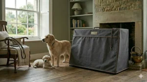 A 42-inch dog crate neatly fitted with a tailored charcoal grey fabric cover, blending seamlessly into a classic British interior.