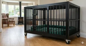 A custom-fitted aluminium car boot dog crate designed for a St Bernard inside an estate car or SUV.