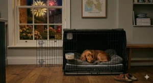 Alt text for image 6: A stylish wooden end-table dog crate that doubles as furniture, suitable for a medium-sized Spaniel.
