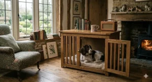 A 4K photorealistic photograph inside a cozy British cottage living room, showing a solid oak furniture-style dog kennel and end table unit from Amazon.