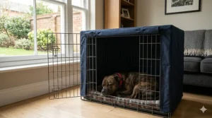 A stylish wooden end-table dog crate that blends into a British home interior while housing a Staffy.