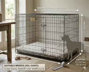 An illustrated breed suitability chart showing a 54 inch dog crate is ideal for giant UK breeds like Mastiffs, Irish Wolfhounds, and large German Shepherds.