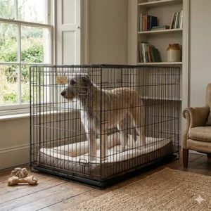 An annotated dimensions guide for a 54 inch dog crate, showing the width, height, and depth in both inches and centimetres for UK buyers.