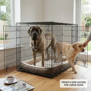 An extra-large 54 inch dog crate folded down flat and loaded into the boot of a British estate car for travel.
