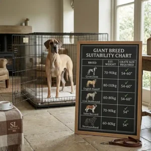 A 54 inch dog crate featuring a double-door design with secure slide-bolt latches, allowing flexible side and front access.