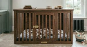 Close-up of high-quality joinery on a bespoke den style dog crate.