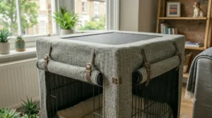 Side view showing the integrated ventilation panels on a covered dog crate.