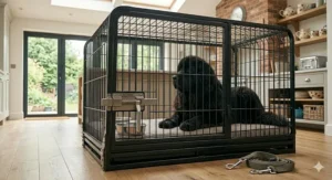 Side profile of a ventilated wire dog crate suitable for a large Newfoundland breed.