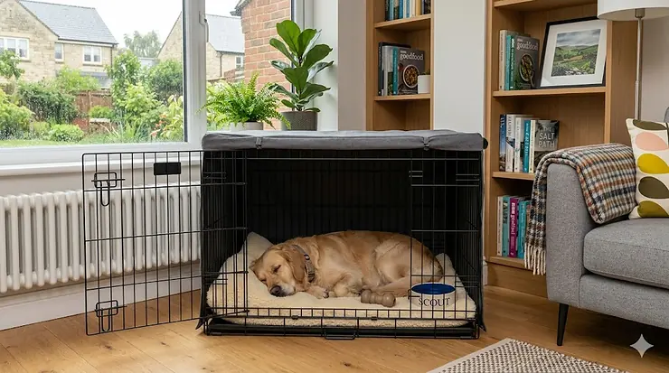 Cosy calming dog crate with plush bedding and a den-style cover for a relaxed puppy. calming dog crate