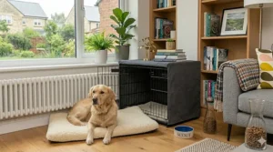 An adjustable calming dog crate with a divider for secure puppy house training.