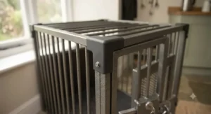 Protective plastic corners on a chew proof dog crate to prevent accidental bumps.