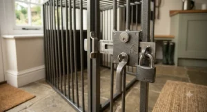 Close-up of the secure locking mechanism on a chew proof dog crate.