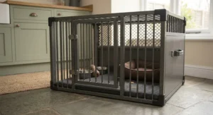 Comfortable and spacious interior of a large chew proof dog crate.