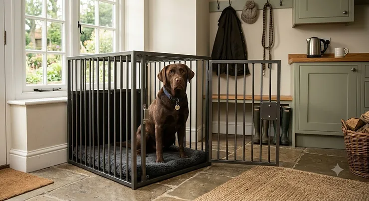 A durable chew proof dog crate with reinforced metal bars for a secure home environment. chew proof dog crate