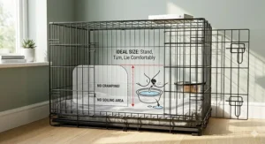 A guide diagram with superimposed text explaining the correct crate size, showing a standing puppy and indicating areas for sleeping and water, ensuring no cramping and a separate soiling area.