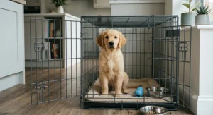 A puppy sitting comfortably inside a crate to demonstrate correct sizing for training.