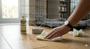 A human hand with a wedding band using a paper towel to absorb a small puppy mess on a wooden floor, next to a branded 'Bio-Enzymatic' cleaner bottle, providing advice on cleaning puppy accidents for training.