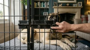 A 60-inch dog crate shown being folded down, illustrating the practical, collapsible design for easy storage in a British home.