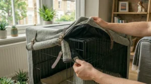 A collapsible covered dog crate showing how easily it folds down for storage.