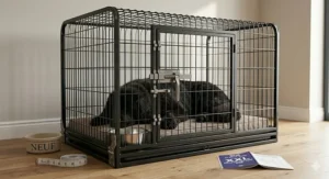 A large metal dog crate shown partially folded for easy storage and portability.