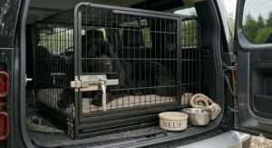 An orthopaedic dog bed fitted perfectly inside a large metal dog crate.