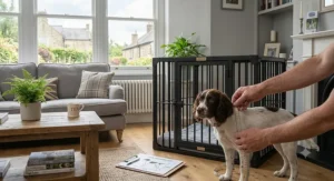 Measuring a dog to choose the correct crate size for their comfort.